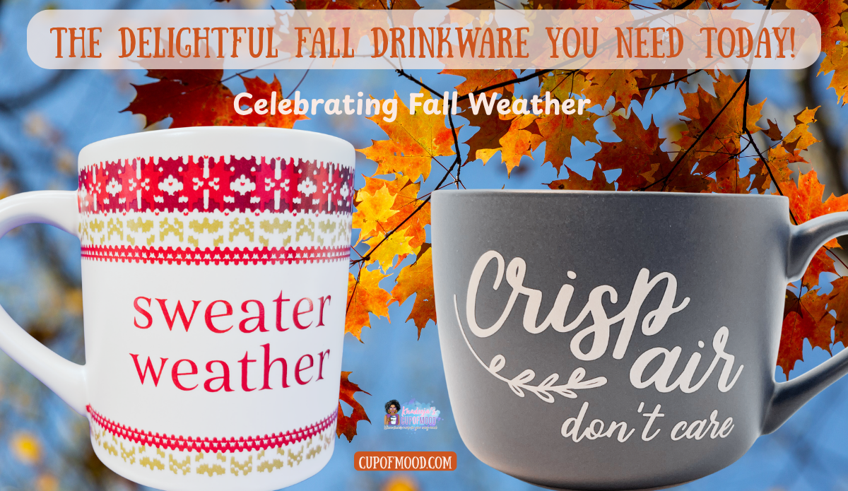 Sweater Weather Mug and Crisp Air Don’t Care Mug displayed against bright orange autumn leaves and blue sky.