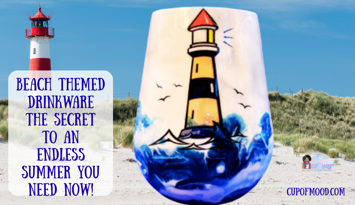 Lighthouse stemless wine glass on a sandy beach with a lighthouse and dunes in the background