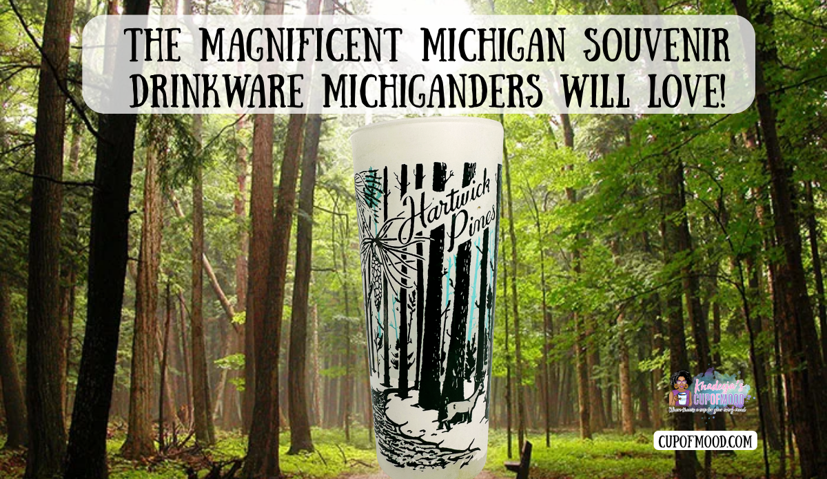 Vintage Hartwick Pines Michigan souvenir glass with woodland design