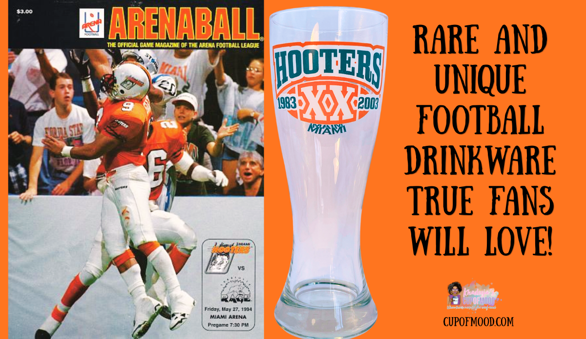 Hooters Miami 1983-2003 pilsner glass beside 1994 Miami Hooters ArenaBall game magazine cover