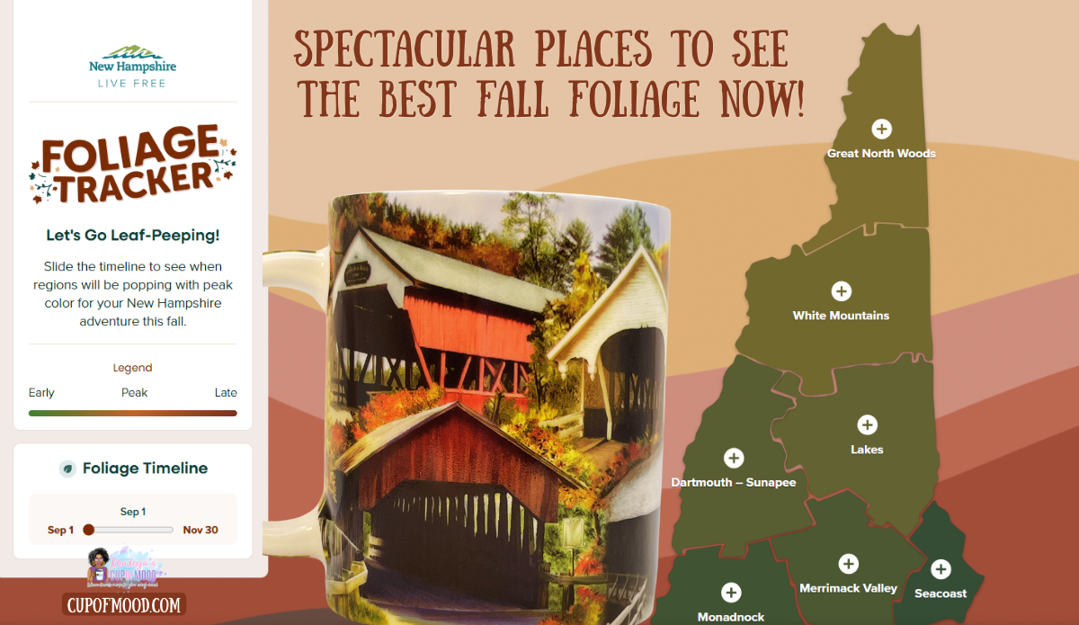 New Hampshire foliage tracker with covered bridge mug and fall color map