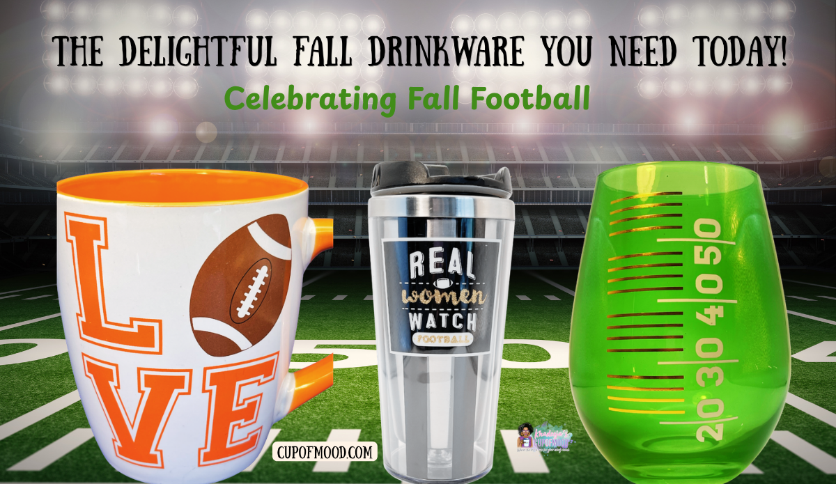 Love Football Jumbo Mug, Real Women Watch Football Tumbler and Jumbo Football Yardlines Wine Glass displayed in a football stadium.