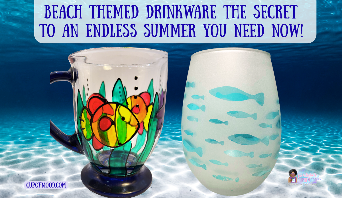 Colorful fish mug and frosted fish glass displayed underwater for the Sea Life Collection section