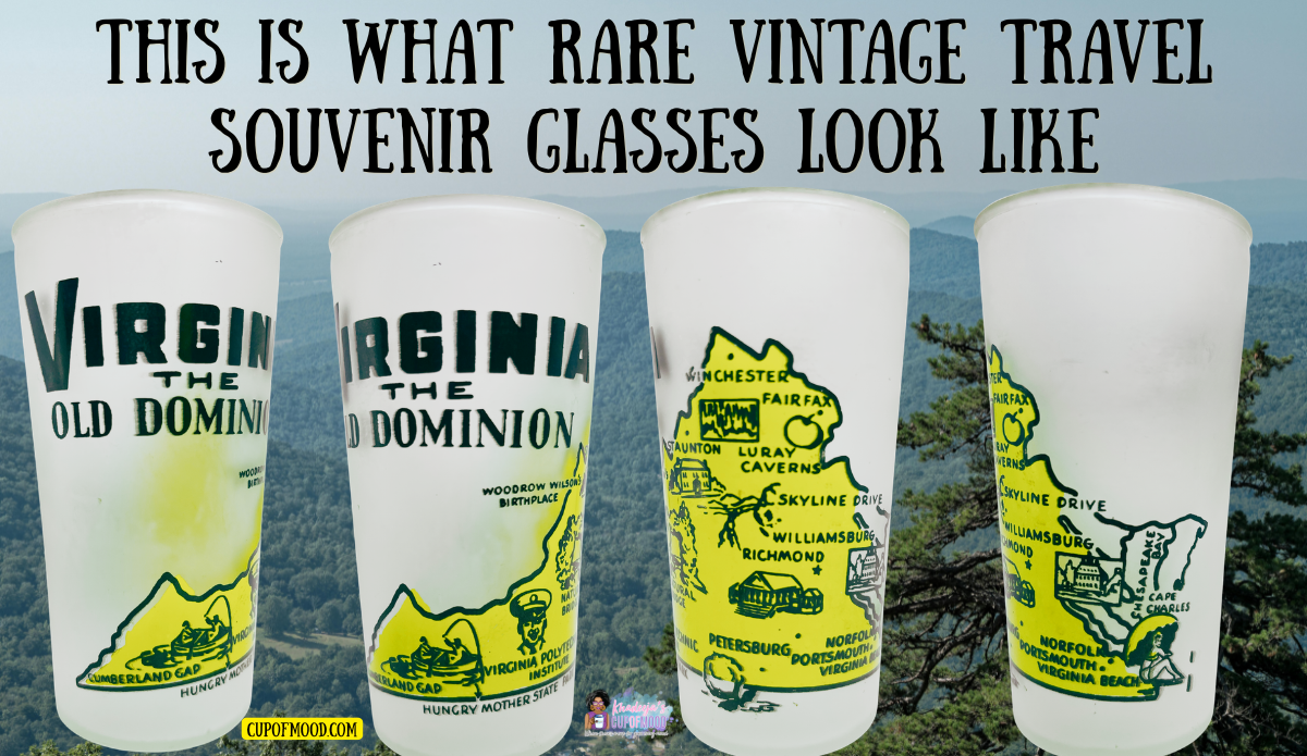 Four views of a Virginia Old Dominion vintage souvenir glass with yellow map artwork against a mountain landscape.
