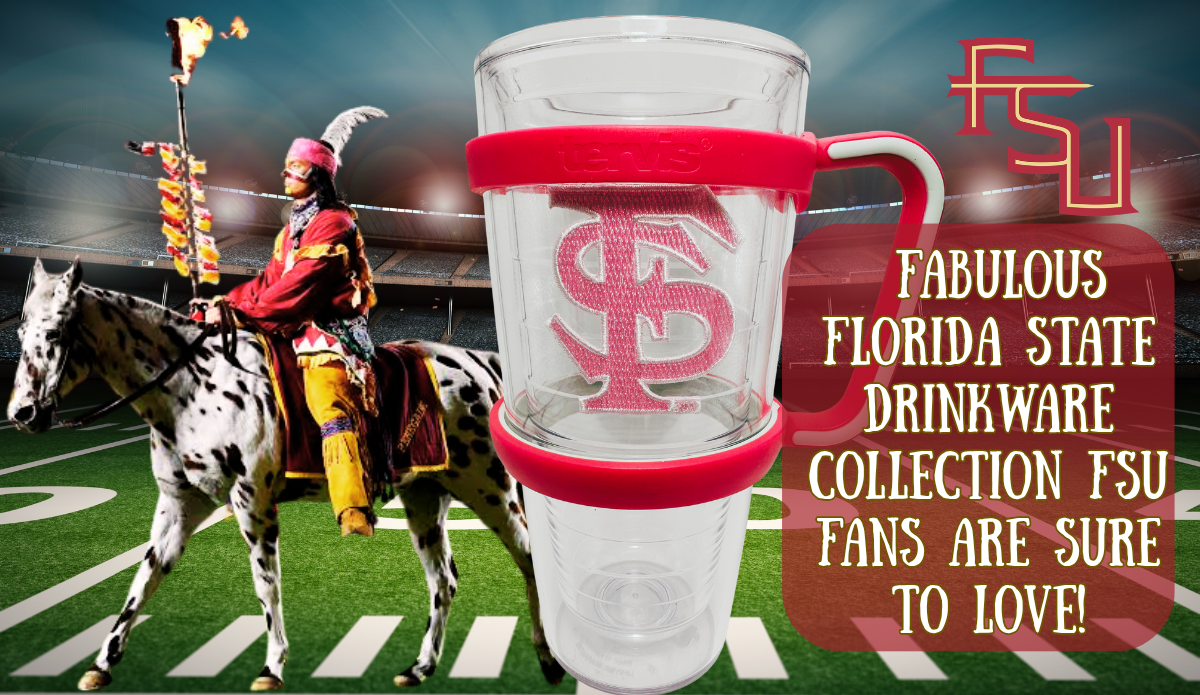 Pink Florida State Tervis tumbler with handle displayed on a football field background with Florida State graphics and the blog title.