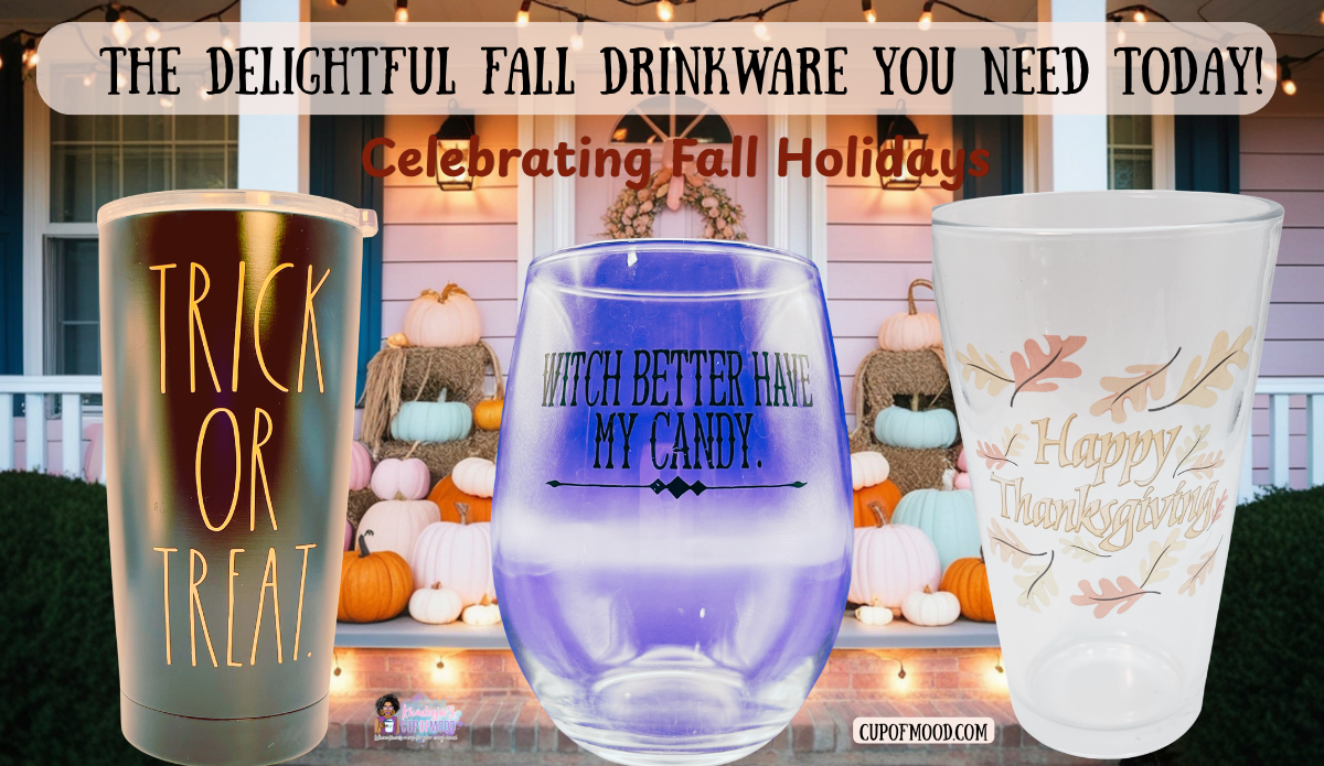 Rae Dunn Trick Or Treat Tumbler, Witch Have Candy Wine Glass and Happy Thanksgiving Drinking Glass displayed on a decorated fall porch.