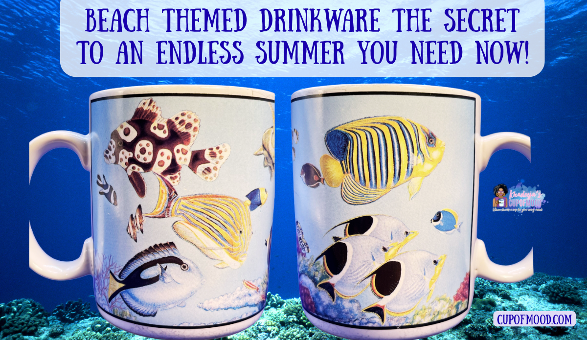 Tropical fish mug with multiple reef fish designs displayed against an underwater coral background