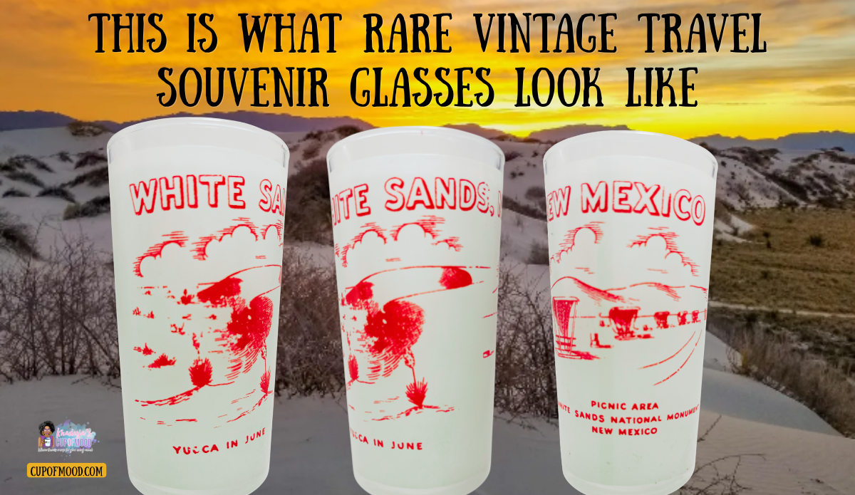 Three views of a White Sands New Mexico vintage souvenir glass with red artwork against white gypsum dunes at sunset.