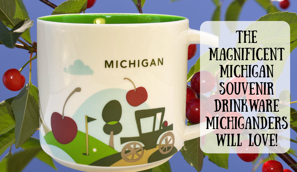 Starbucks You Are Here Michigan coffee mug with cherries and Michigan travel artwork