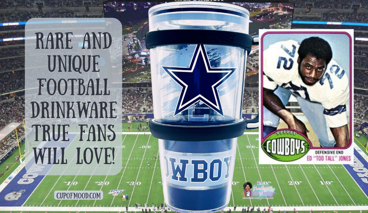 Dallas Cowboys Star Logo Tervis tumbler with stadium backdrop and Ed Too Tall Jones football card