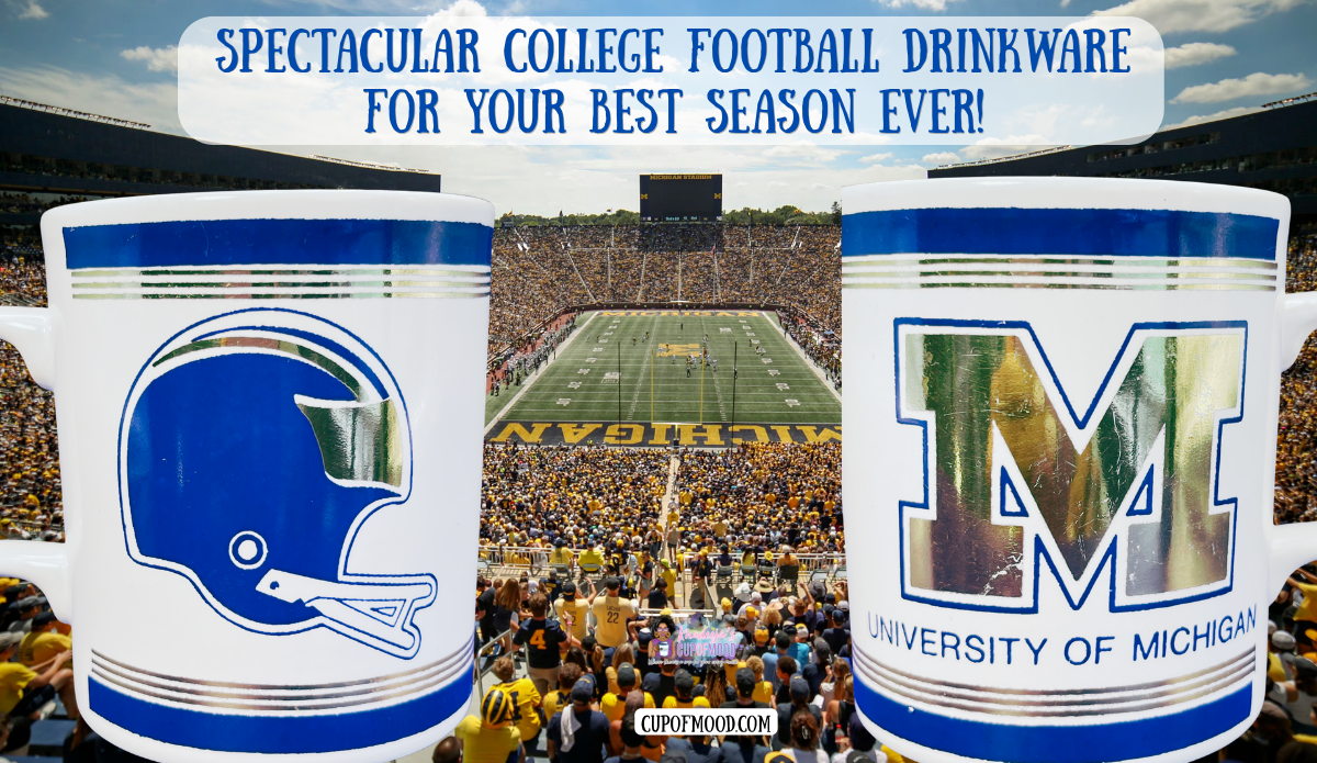 University Michigan Football Mug shown from both sides with helmet and block M graphics inside Michigan Stadium.