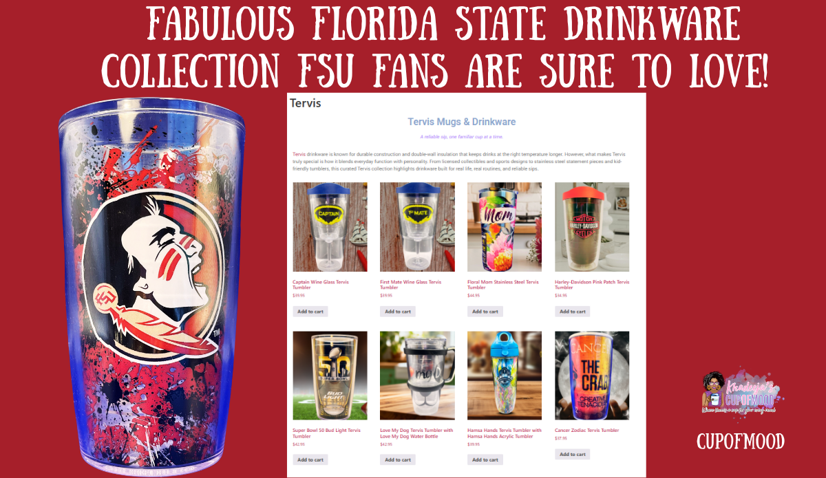 Graphic featuring a Florida State tumbler beside the CupofMood Tervis drinkware collection page with the blog title above.