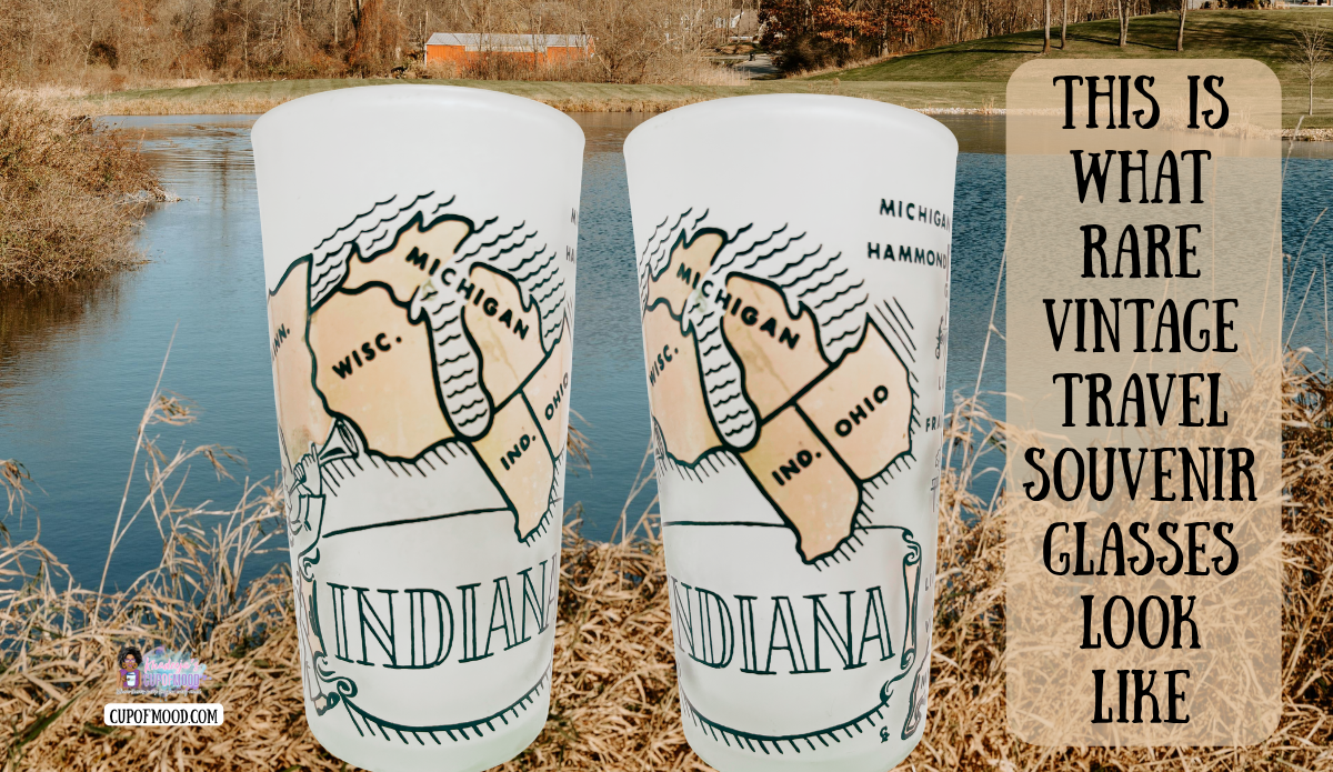 Two views of a vintage Indiana souvenir glass with illustrated regional map artwork in a peaceful waterside setting.