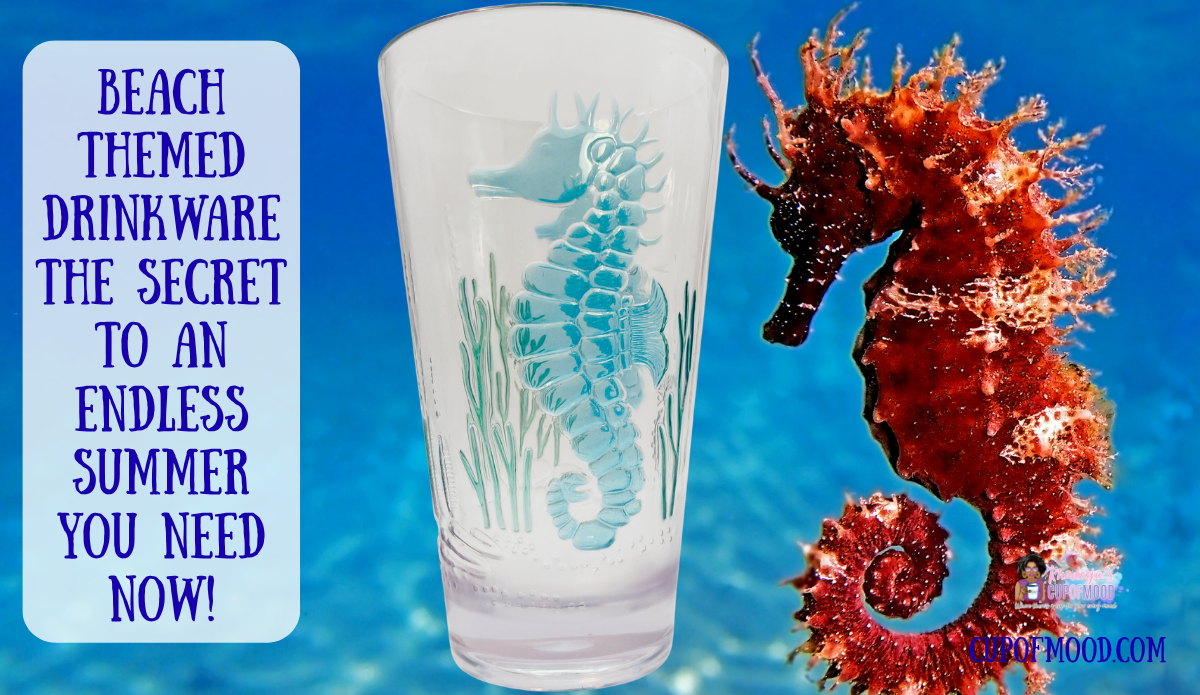 Seahorse tumbler with raised seahorse design displayed beside a real seahorse underwater