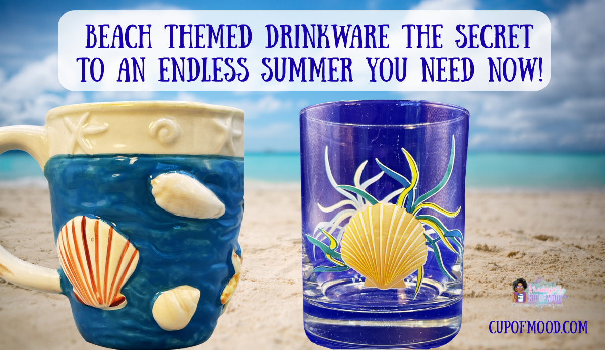 Blue seashell mug and a clear seashell glass displayed on a sandy beach for the seashell collection