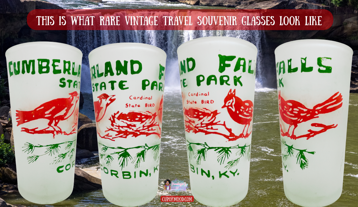 Four views of a Cumberland Falls State Park vintage souvenir glass with red cardinal artwork in front of a waterfall.
