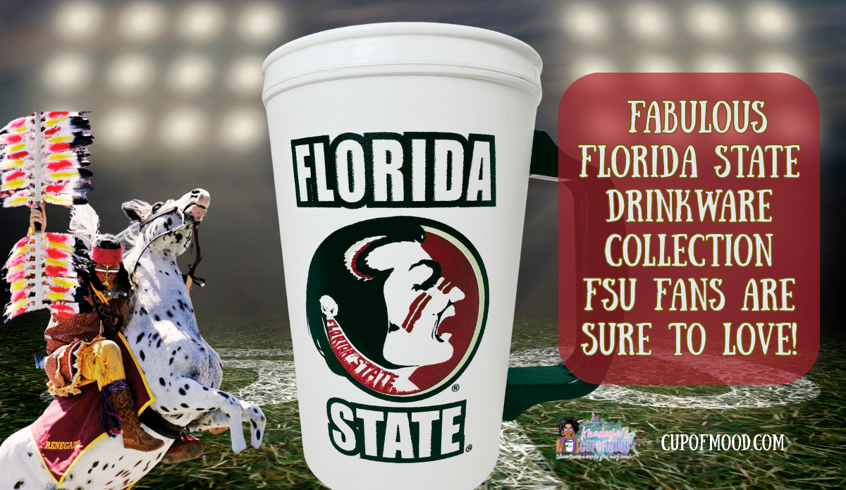 White Florida State insulated travel mug with a black handle displayed on a football field background with the blog title.