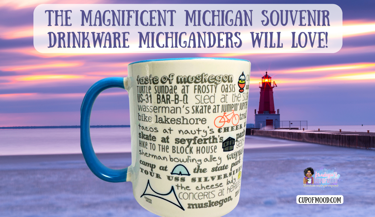 Muskegon Michigan Bucket List coffee mug with Muskegon lighthouse at sunset