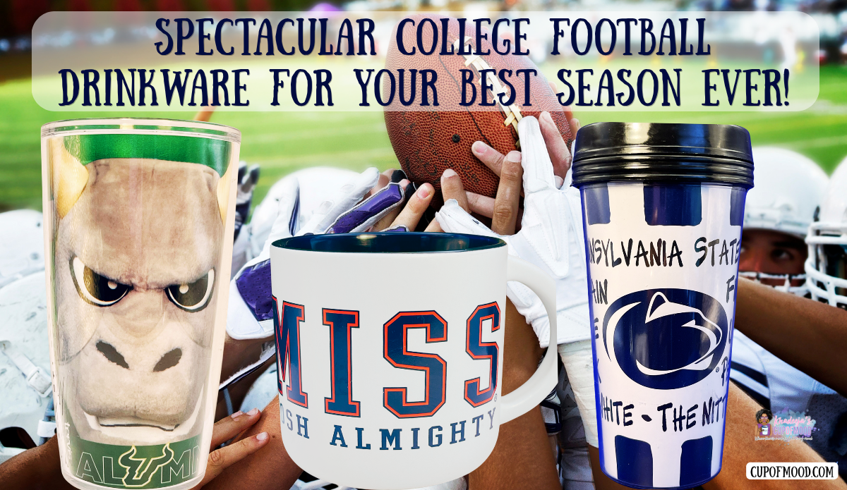 College football drinkware including a 2015 championship cup, Florida Gators mug and Virginia Tech pitcher in a stadium setting.