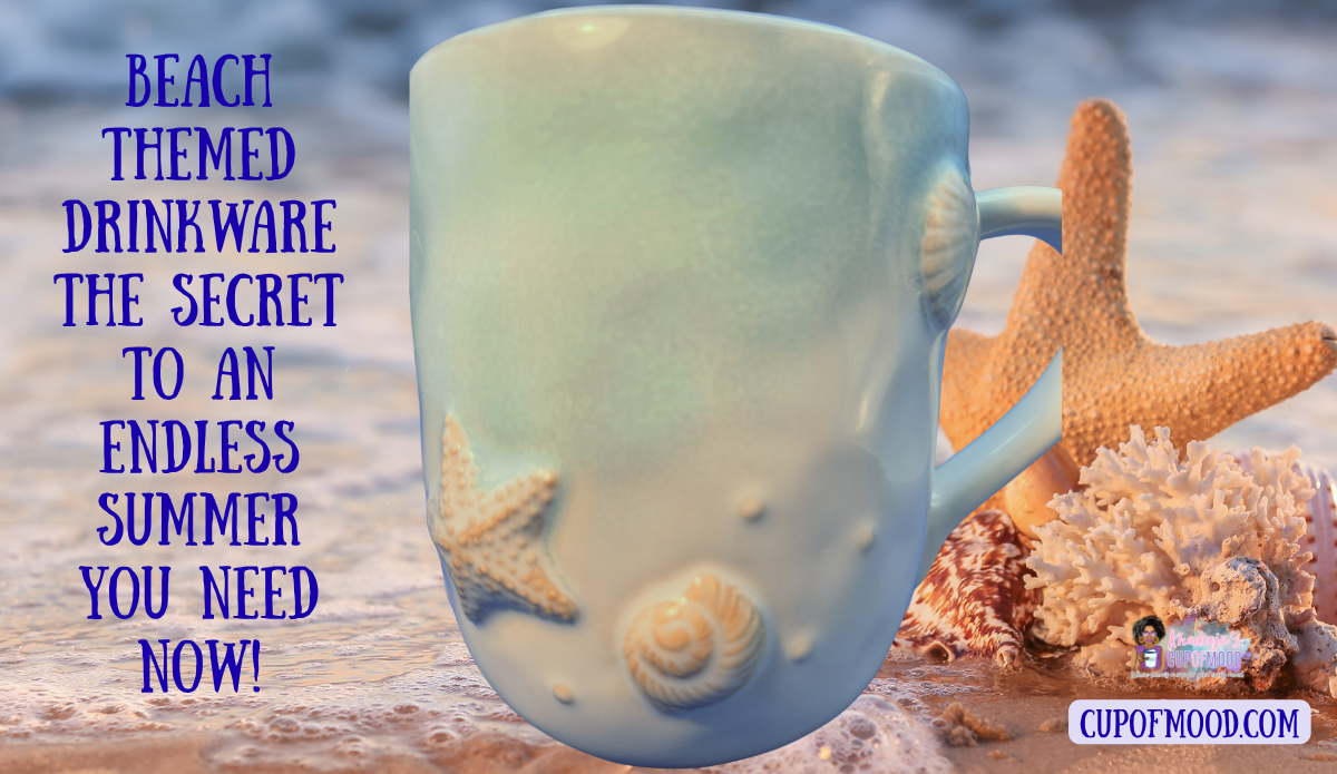 Pale aqua mug with raised seashell and starfish details displayed on a beach with shells and coral