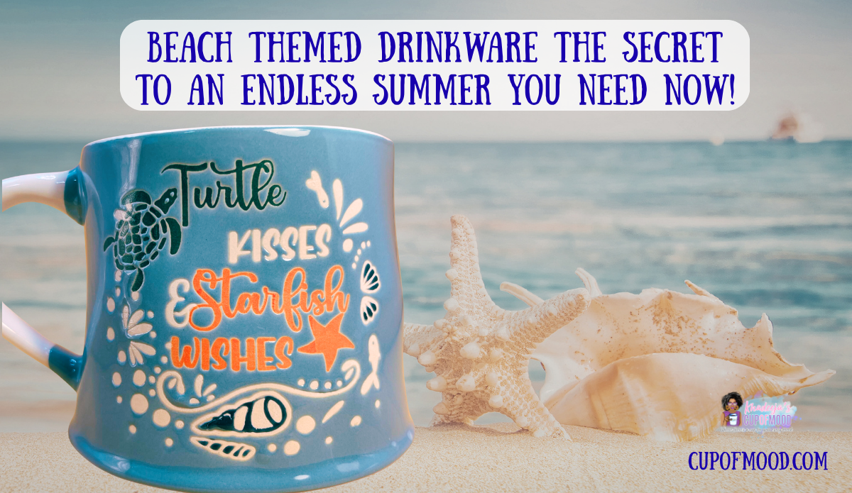 Turtle Kisses Starfish Wishes blue mug displayed on a sandy beach with starfish, seashells and ocean water