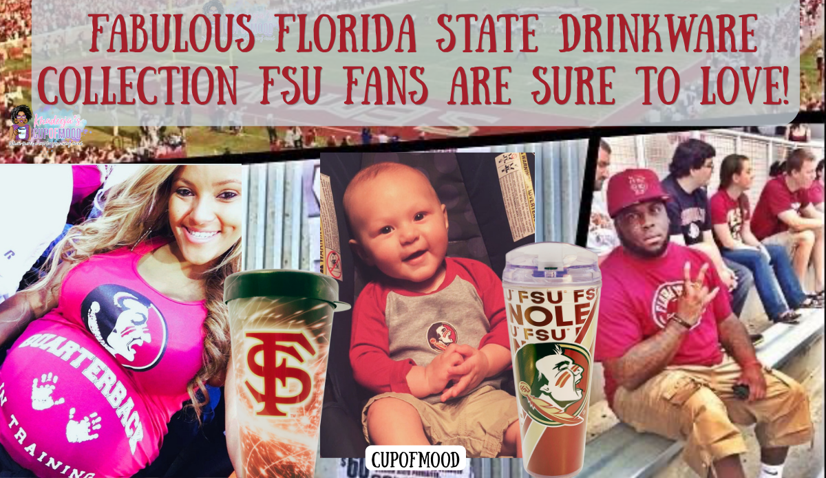 Florida State drinkware collection hero image featuring Myriam, my grandson as a baby, Edris, and two Florida State tumblers