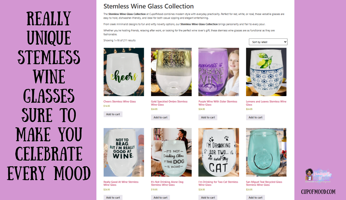 CupofMood Stemless Wine Glass Collection featuring colorful, funny, artistic, and themed stemless wine glasses