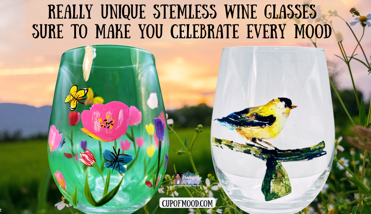 Hand Painted Flowers And Goldfinch Stemless Wine Glasses