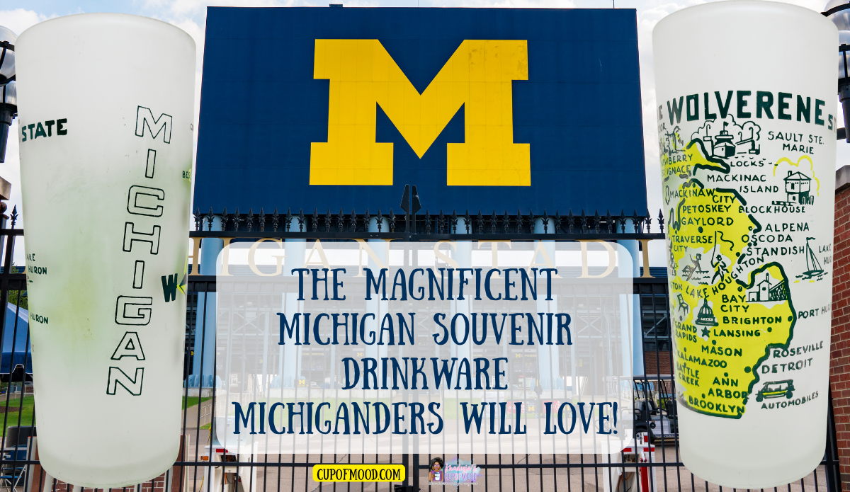 Michigan Wolverine State vintage souvenir glass with Wolverene State spelling error and Michigan map artwork
