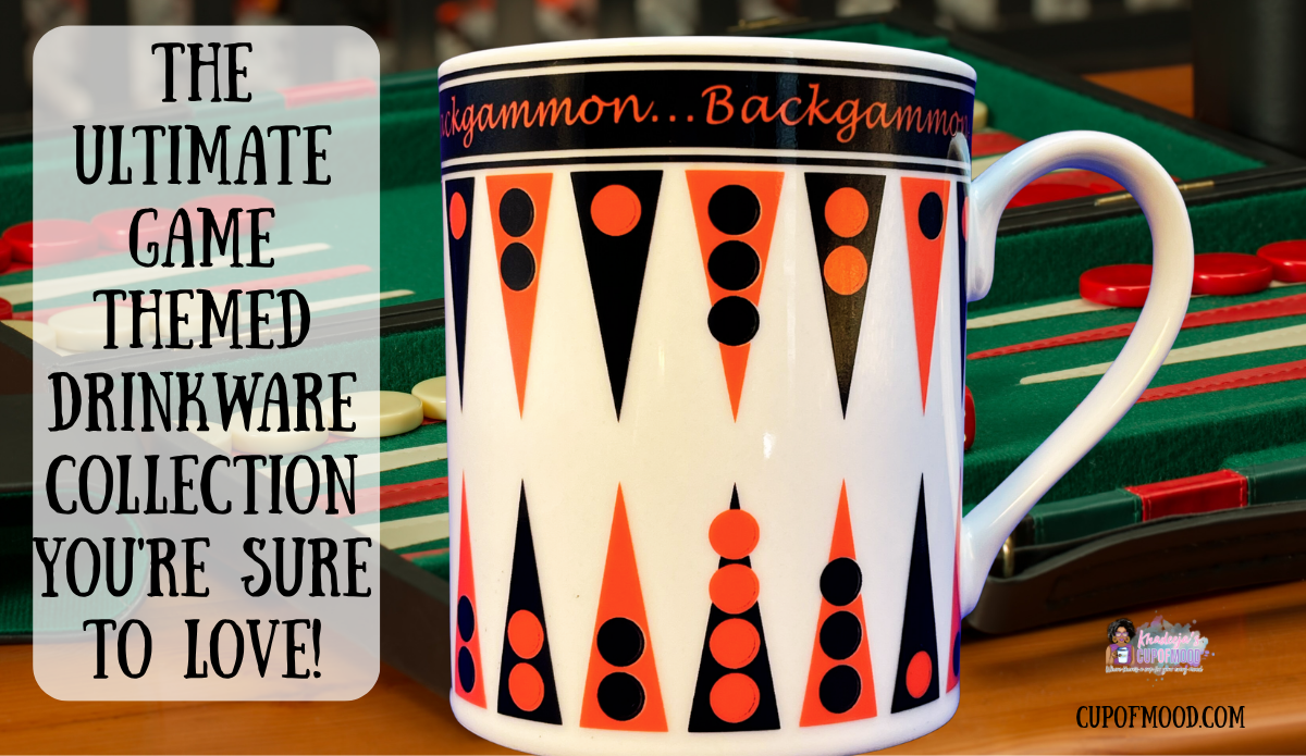 Godinger Backgammon Mug with orange and black game-board artwork in front of a backgammon set and Game Themed Drinkware blog headline.