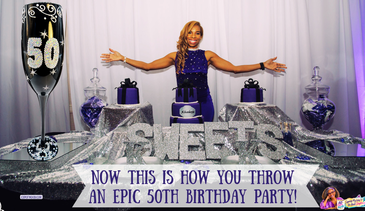 Khadeeja standing with her arms outstretched behind a silver glitter birthday dessert table with purple cakes, alongside a black sparkly 50 champagne flute.