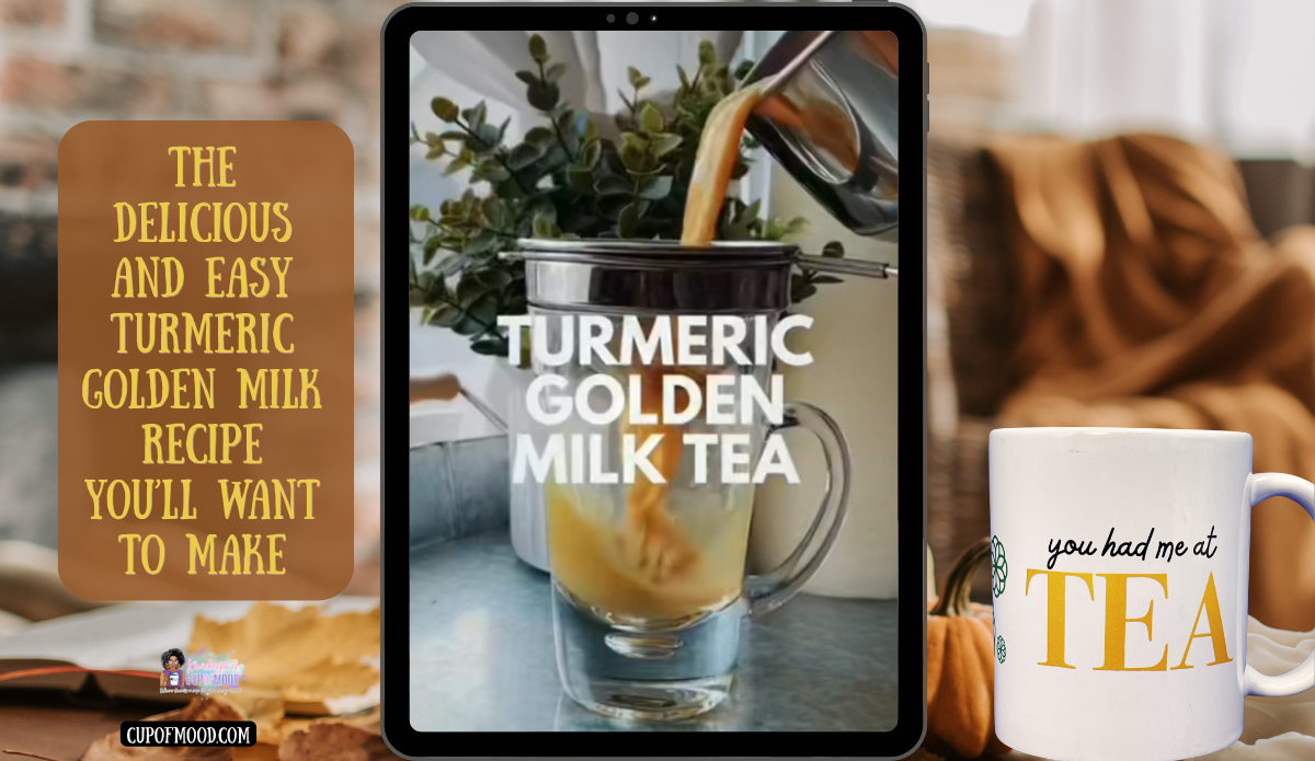 Turmeric golden milk recipe video pouring the finished golden drink beside a white You Had Me at Tea mug.
