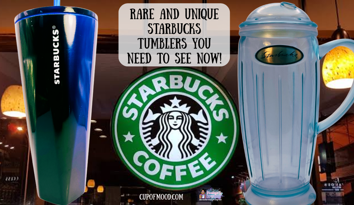 Blue Starbucks tumbler and vintage clear Starbucks travel mug displayed around a large Starbucks Coffee logo