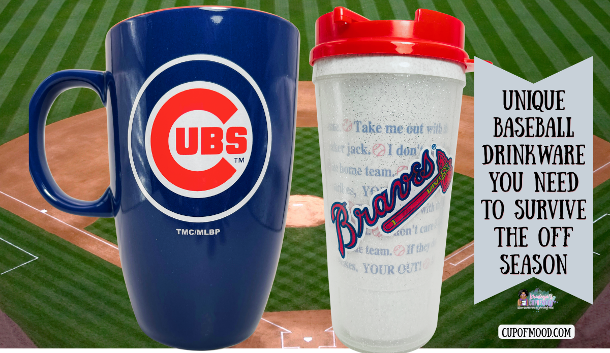 Chicago Cubs navy latte mug and Atlanta Braves Baseball Lyrics travel tumbler with red lid displayed over a baseball diamond.