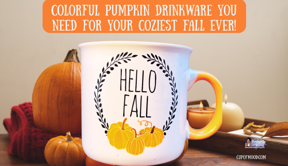 Hello Fall jumbo pumpkin mug with orange pumpkins displayed beside candles and pumpkins in a warm autumn setting