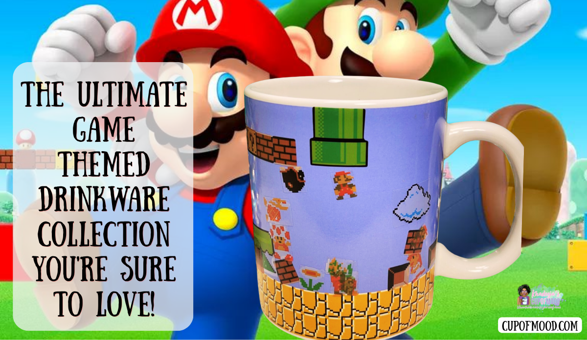 Super Mario Brothers ceramic mug with pixelated Mario game artwork against a colorful backdrop featuring Mario and Luigi.