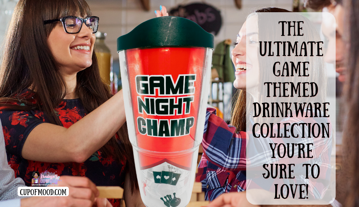 Tervis Game Night Champ Tumbler with red, black, and green lettering beside two smiling women in a game-night setting.