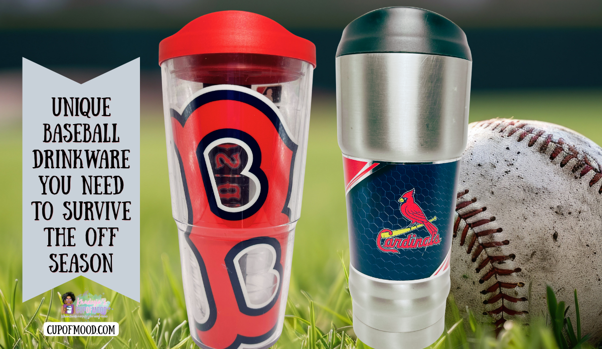 Boston Red Sox Tervis travel tumbler with red lid beside St. Louis Cardinals stainless steel travel tumbler and a worn baseball.