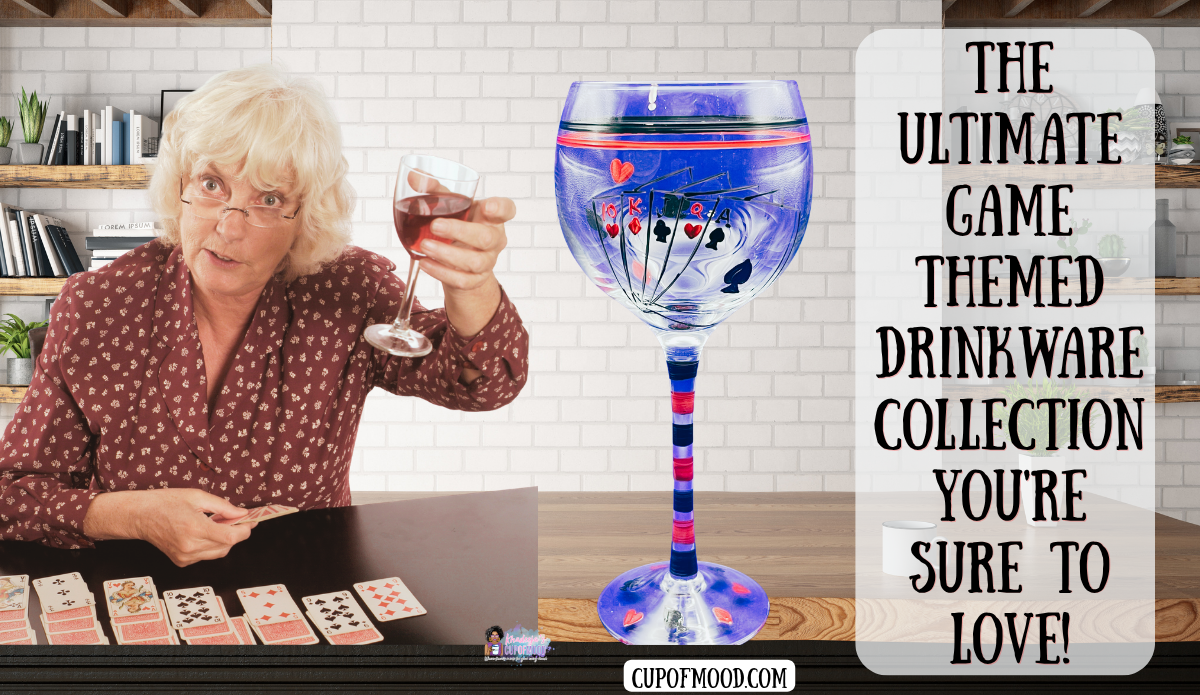Blue Royal Flush playing-card wine glass with heart, diamond, club, and spade designs beside a woman holding a wine glass over playing cards.