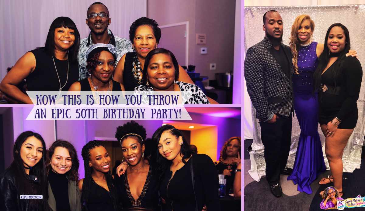 Three-photo collage of family and friends at Khadeeja's 50th birthday party, including Khadeeja posing between two guests in front of a silver backdrop.
