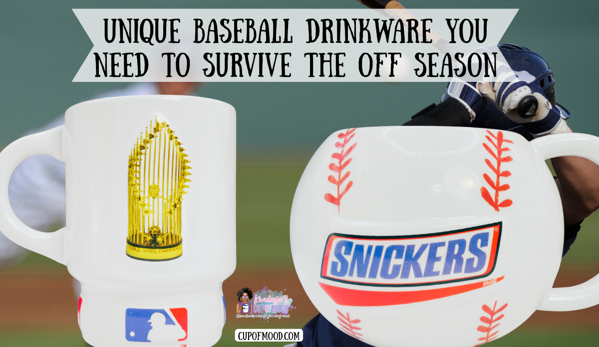 MLB World Series Trophy 3D mug and white Snickers baseball-shaped mug displayed with baseball player background and blog headline.