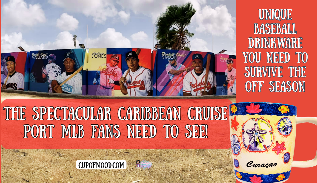 Curaçao MLB Wall mural with Andrew Jones and other baseball players, colorful Curaçao souvenir mug, and CupofMood Caribbean baseball blog title.