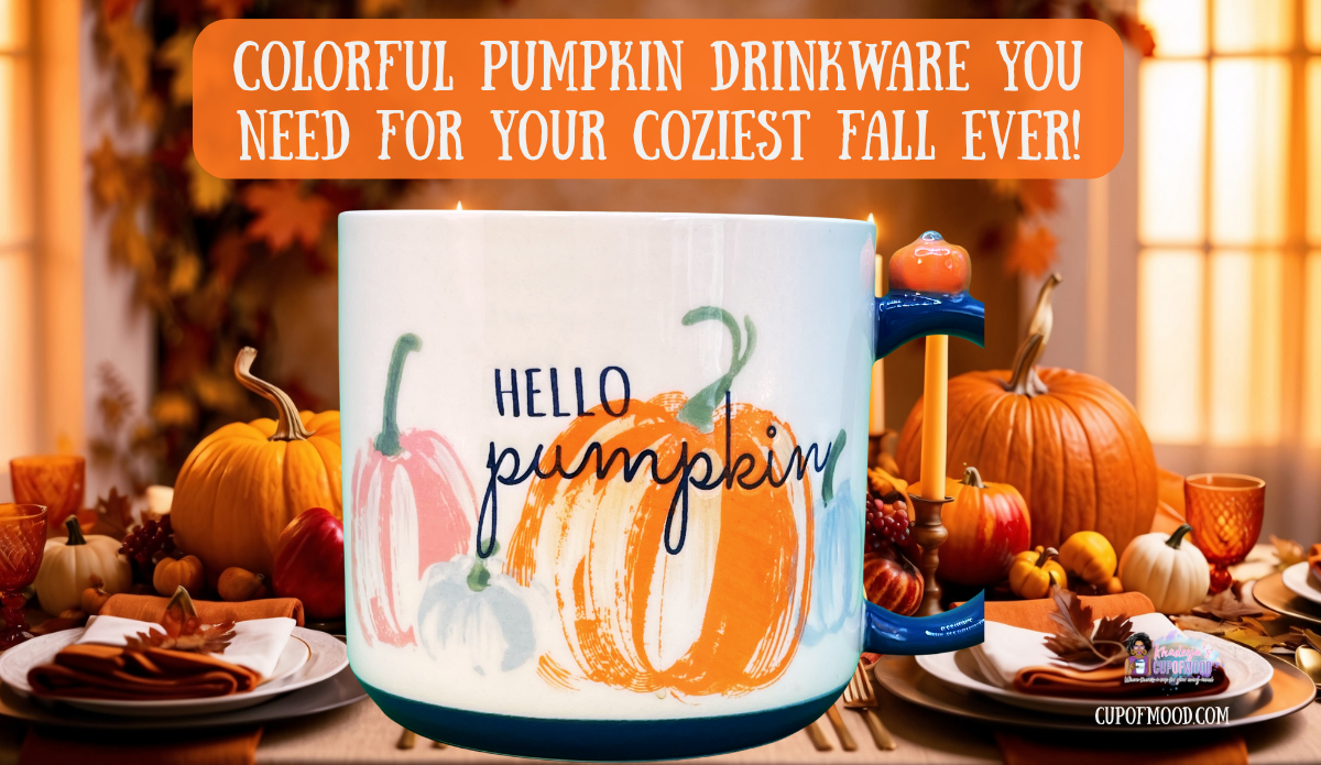 3D Hello Pumpkin mug with colorful pumpkin artwork displayed on an autumn Thanksgiving table surrounded by pumpkins