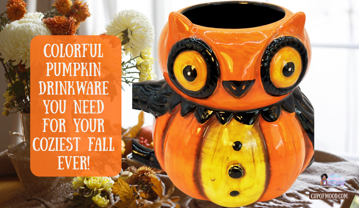3D pumpkin owl mug in bright orange yellow and black displayed with autumn flowers and fall decor
