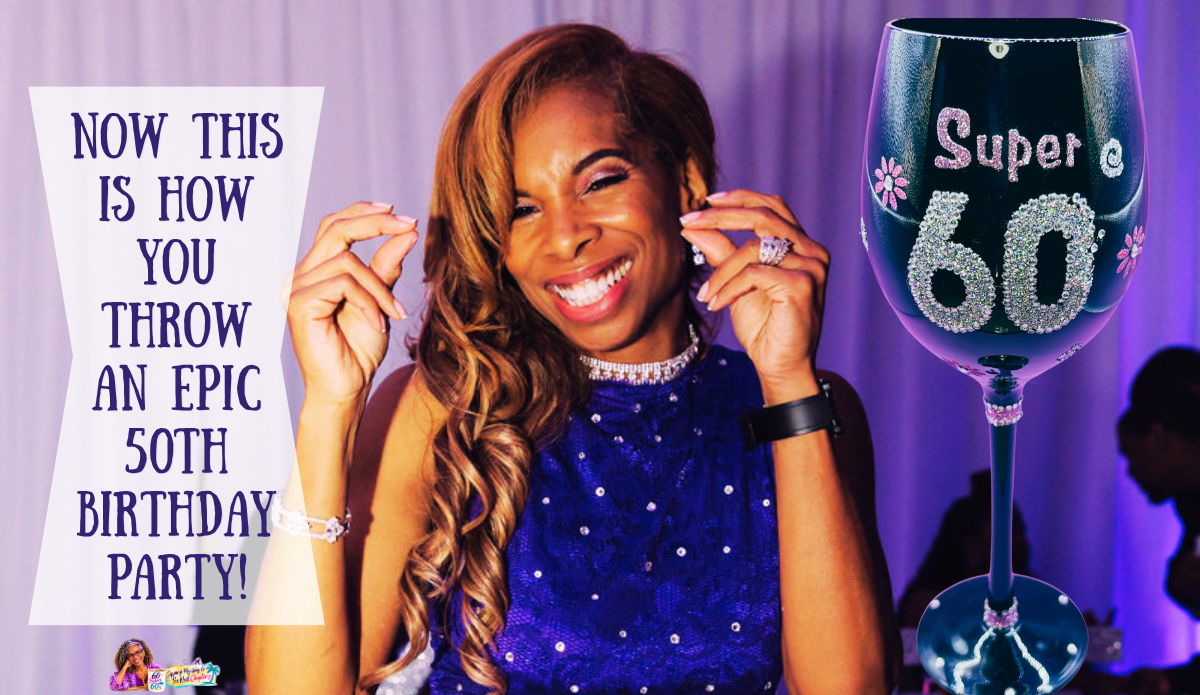 Close-up of Khadeeja smiling in her purple birthday gown, paired with a black Super 60 wine glass decorated with glittery lettering.