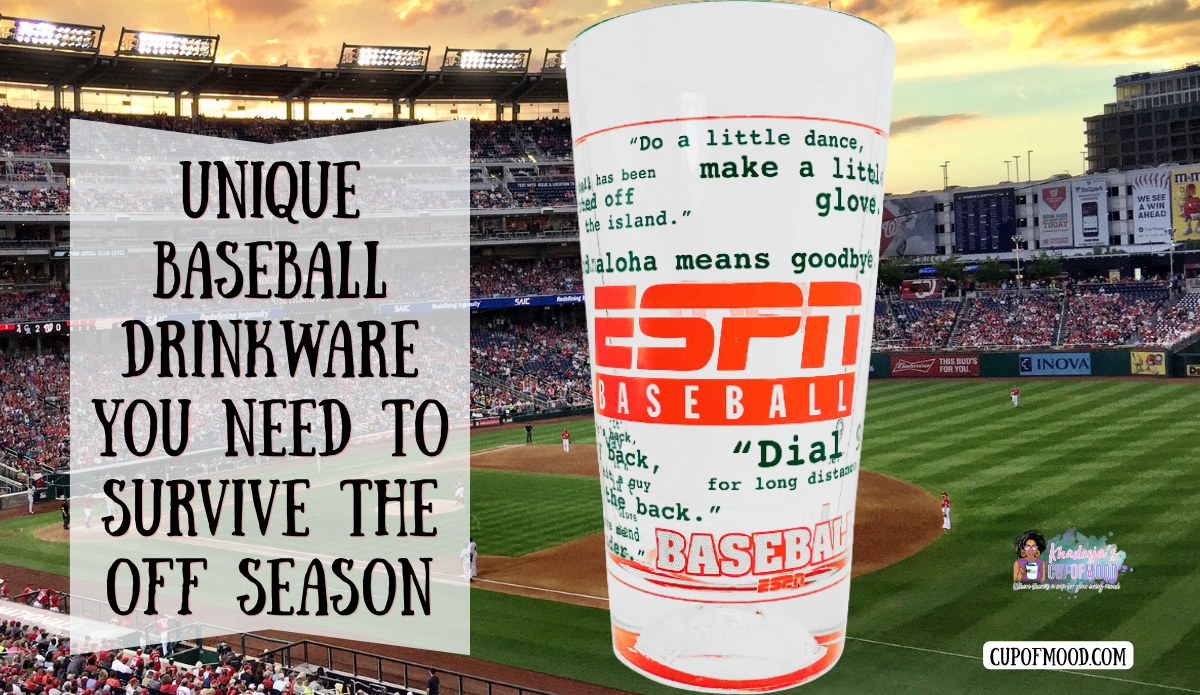 ESPN Baseball collectible pint glass featuring classic baseball quotes displayed against a professional baseball stadium at sunset.