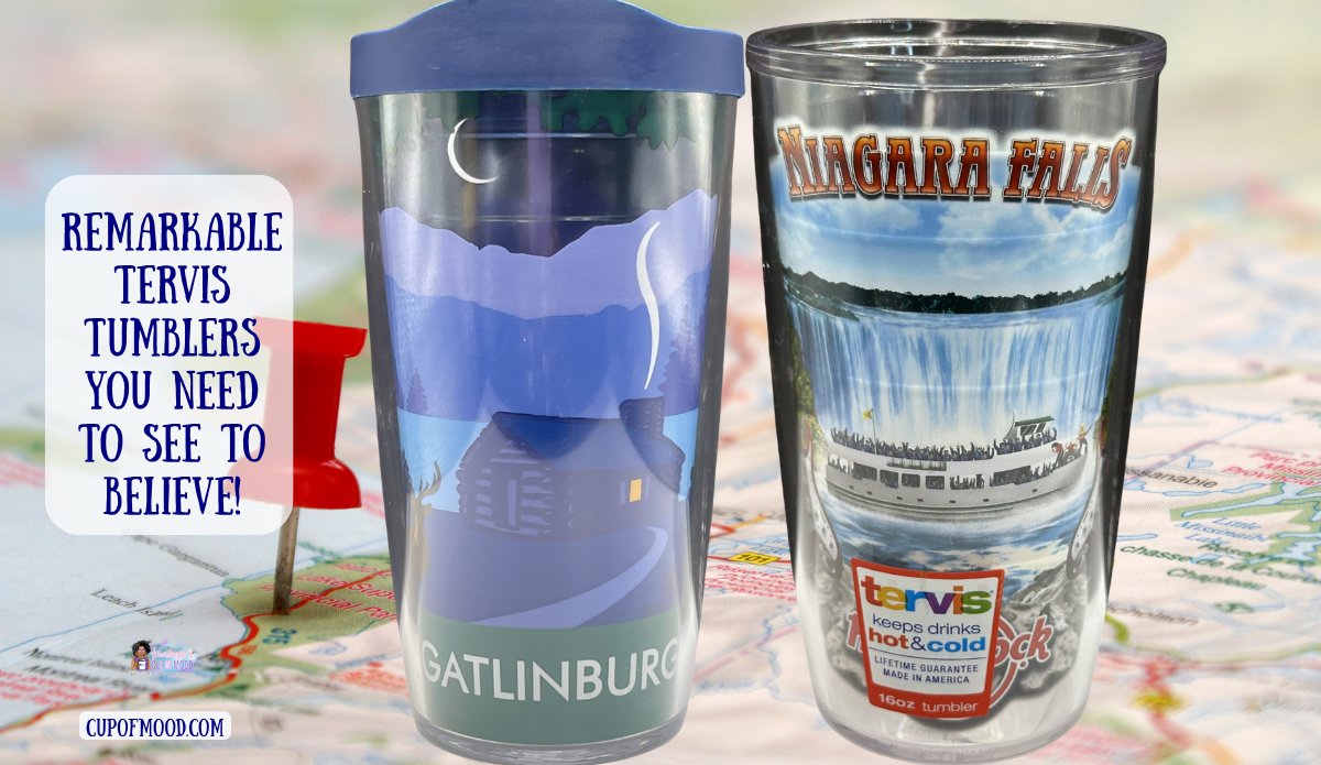 Gatlinburg Tennessee Tervis water bottle and Hard Rock Niagara Falls Tervis tumbler displayed on a road map with a red location marker.