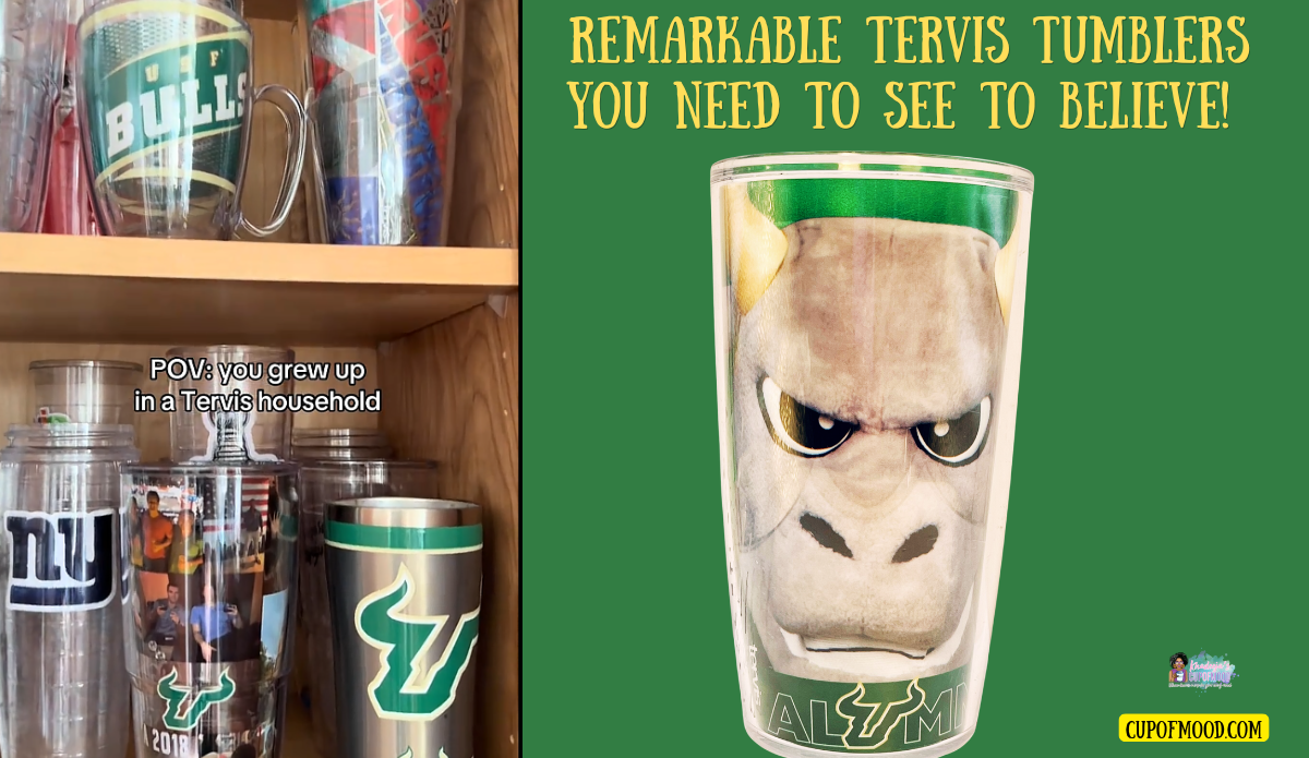 Cupboard filled with Tervis drinkware beside a University of South Florida Bulls mascot Tervis tumbler on a green background.