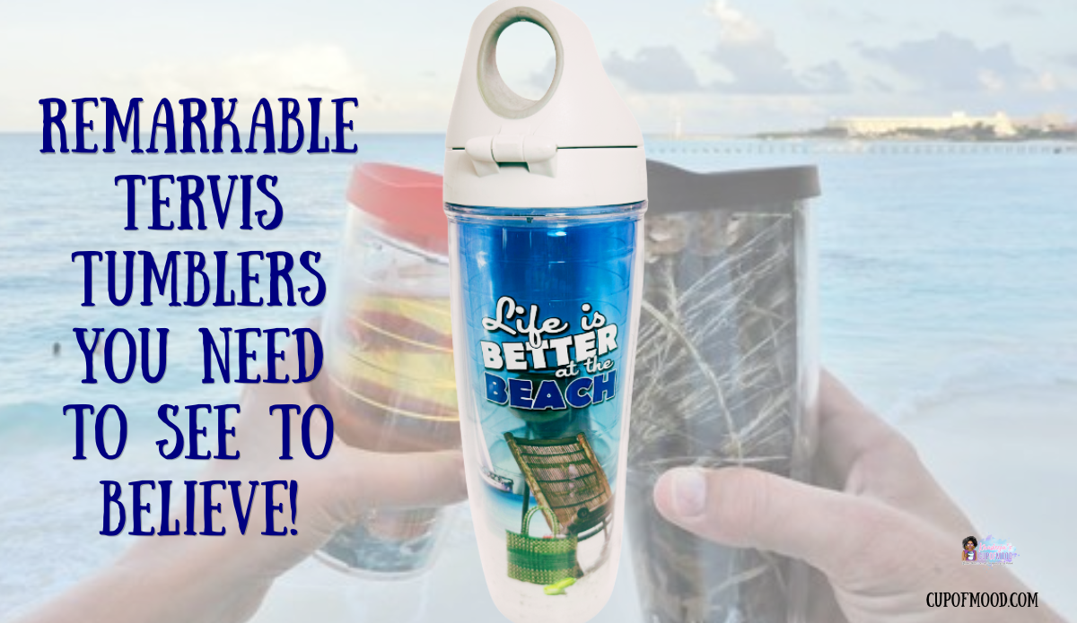 Life Is Better At The Beach Tervis water bottle centered against a sunny waterfront scene with people holding drinks in the background.