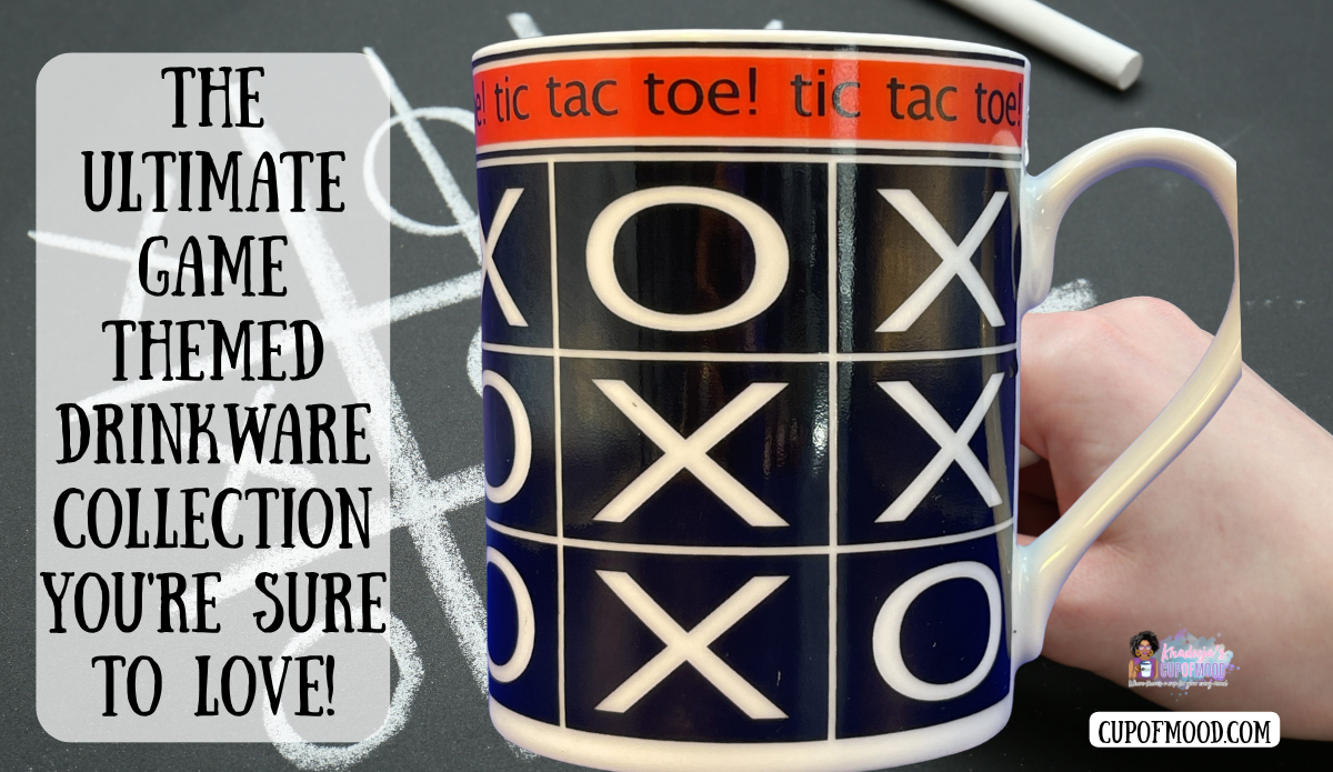 Godinger Backgammon Mug with orange and black game-board design in front of a backgammon set and Game Themed Drinkware blog title.